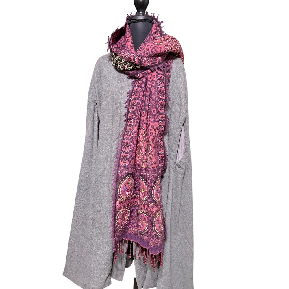 Hand Embroidered Burgundy Boho Scarf Shawl Fringe Artsy Wrap jewel tones regal